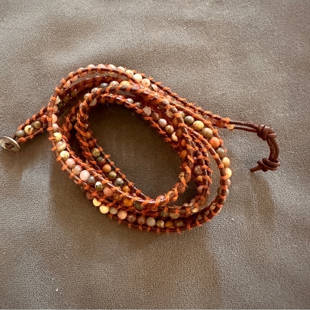 Boho Gemstone Wrap Bracelet Natural Earth Tones on Leather Cord 5X Artisan Wrap